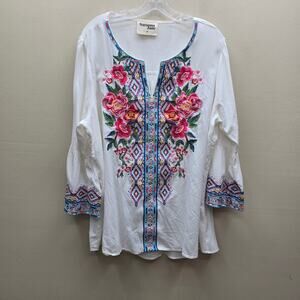 Savanna Jane Heavily Embroidered Floral Bell Sleeve Bohemian Peasant Blouse 2X